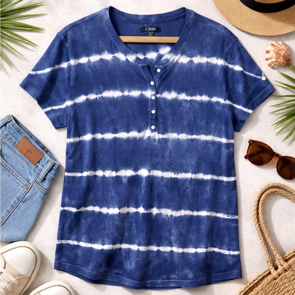 Chaps Ralph Lauren Blue Tie Dye Stripe Henley Tee XL Cotton Short Sleeve Shirt